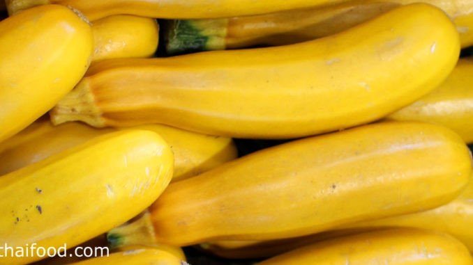 ซูกินีสีเหลือง (Golden Zucchini) ผลกลมเรียว ยาวรี ทรงกระบอก ผิวเปลือกบางมีขนอ่อนๆ มีขั้วใหญ่หนา ผลสีเหลืองหรือสีเหลืองอมส้ม เนื้อสีขาวนวล มีไส้ภายในตรงกลางผลมีเมล็ดเรียงอยู่